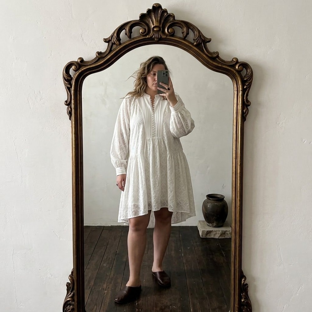 Roiii White Cotton Eyelet Boho Babydoll Dress XL Long Sleeve Pintuck Tunic NEW